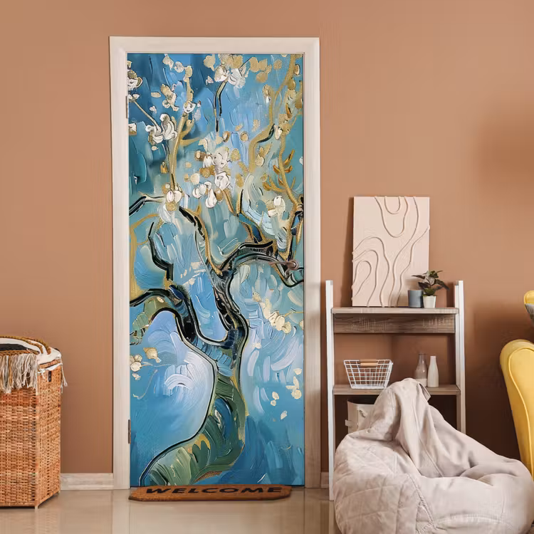 Deursticker - Amandelbloesem boom - Blauw - Abstract — 2