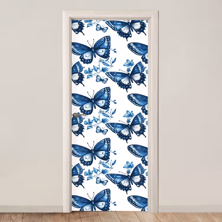 Deursticker - Blauw - Vlinders - Bloemen - Wit — 1