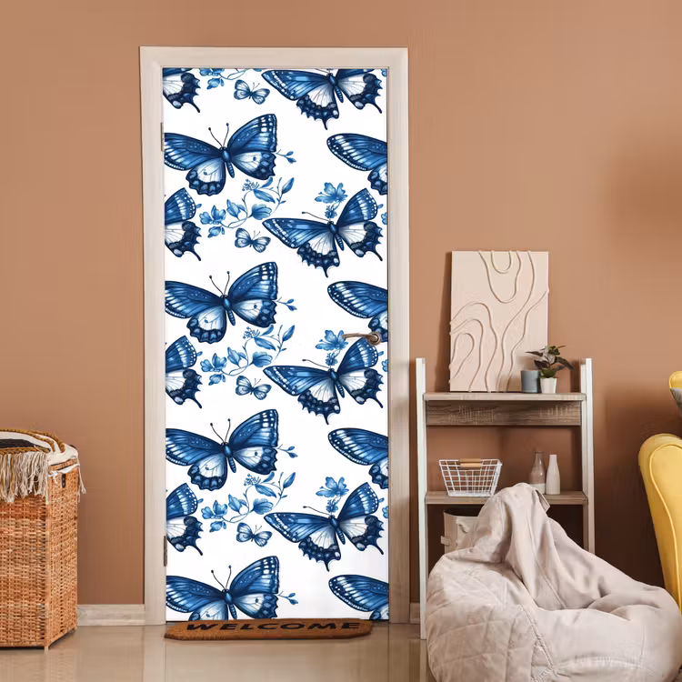 Deursticker - Blauw - Vlinders - Bloemen - Wit — 2