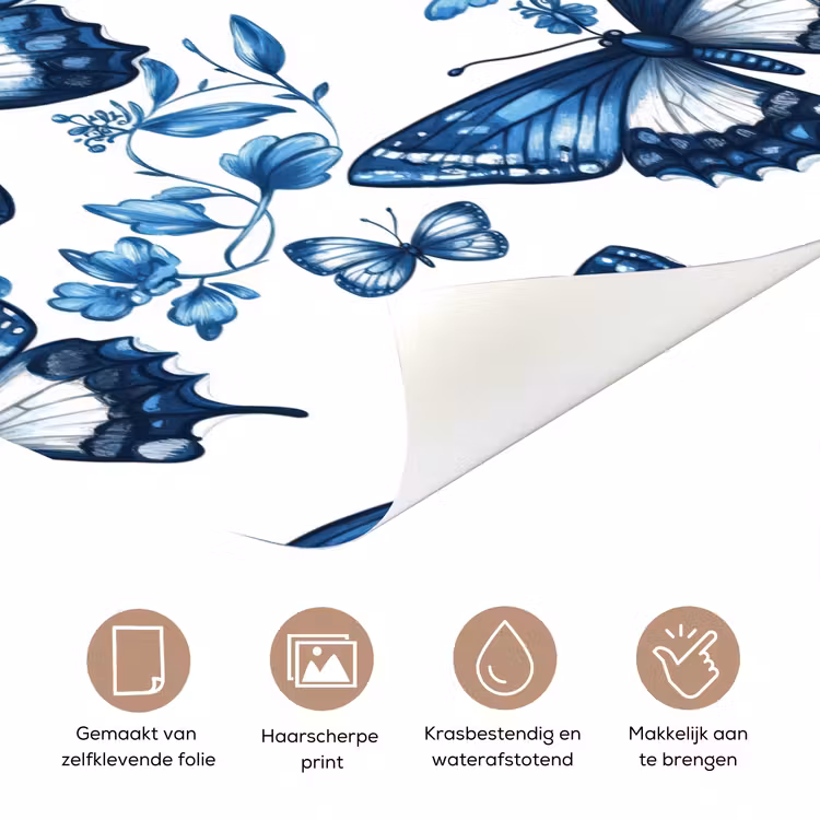 Deursticker - Blauw - Vlinders - Bloemen - Wit — 3