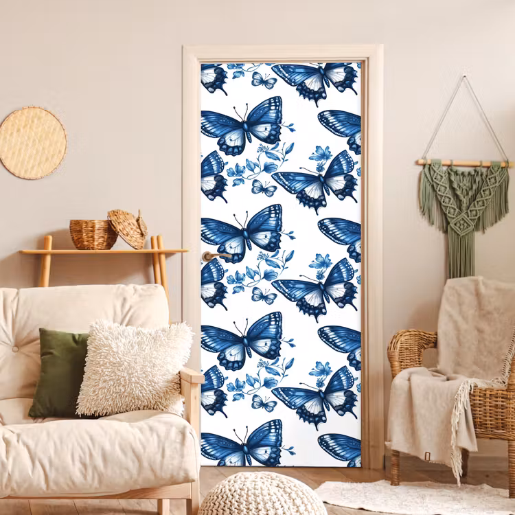 Deursticker - Blauw - Vlinders - Bloemen - Wit — 4