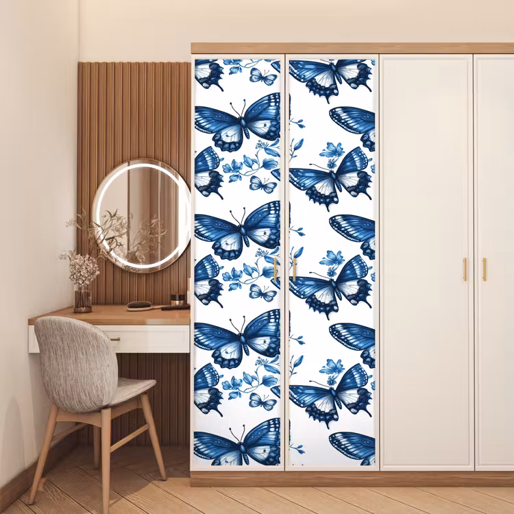 Deursticker - Blauw - Vlinders - Bloemen - Wit — 5