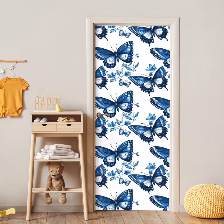Deursticker - Blauw - Vlinders - Bloemen - Wit — 6