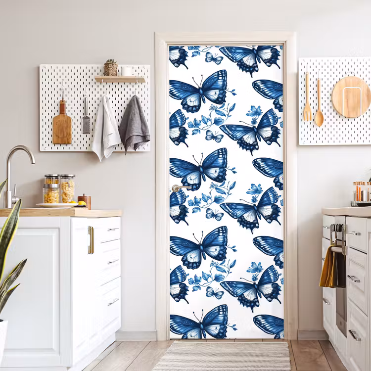 Deursticker - Blauw - Vlinders - Bloemen - Wit — 7