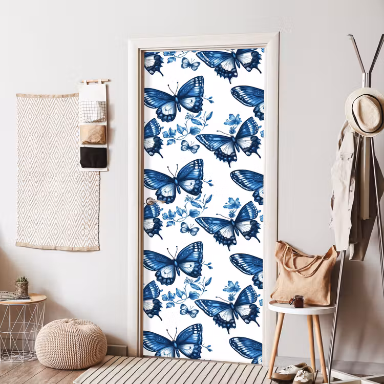 Deursticker - Blauw - Vlinders - Bloemen - Wit — 8
