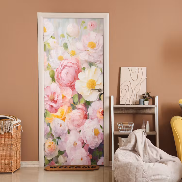 Deursticker - Bloemen - Roze - Botanisch - Kunst - Acrylverf — 2
