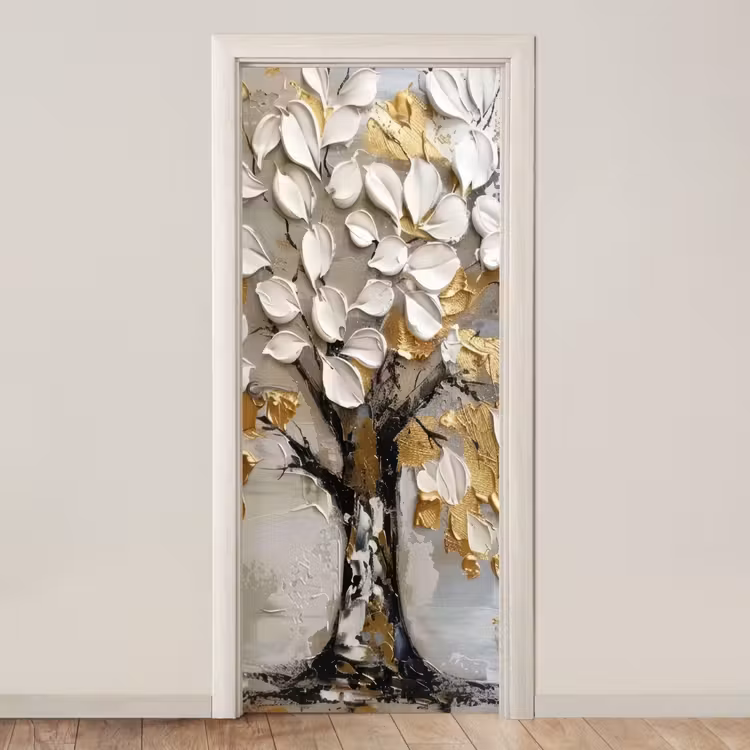 Deursticker - Boom - Beige - Grijs - Goud - Abstract — 1
