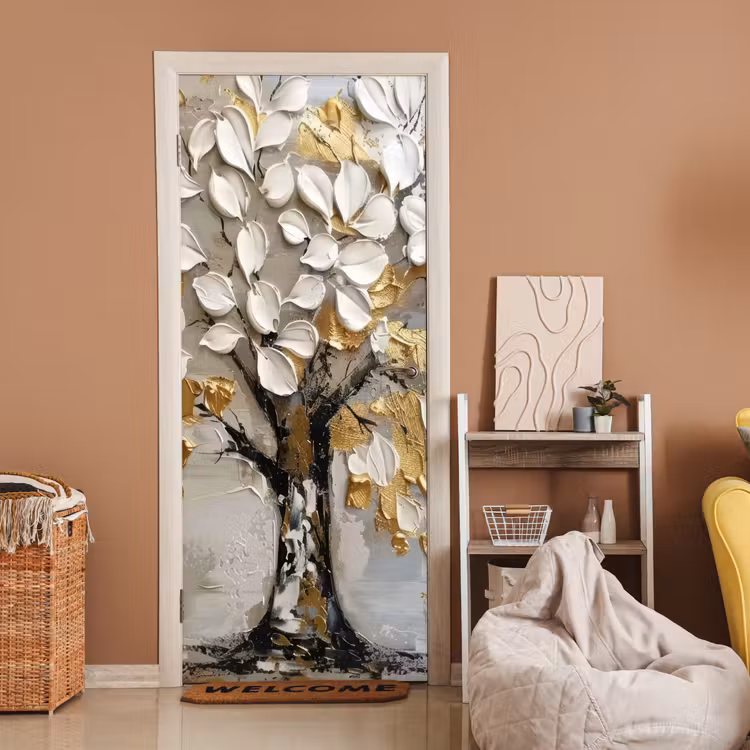 Deursticker - Boom - Beige - Grijs - Goud - Abstract — 2