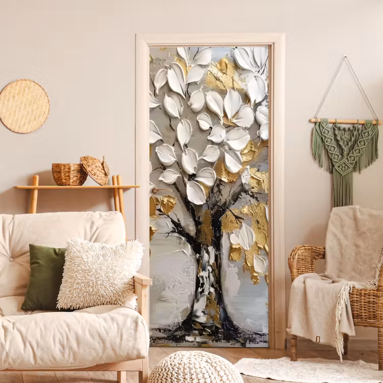 Deursticker - Boom - Beige - Grijs - Goud - Abstract — 4