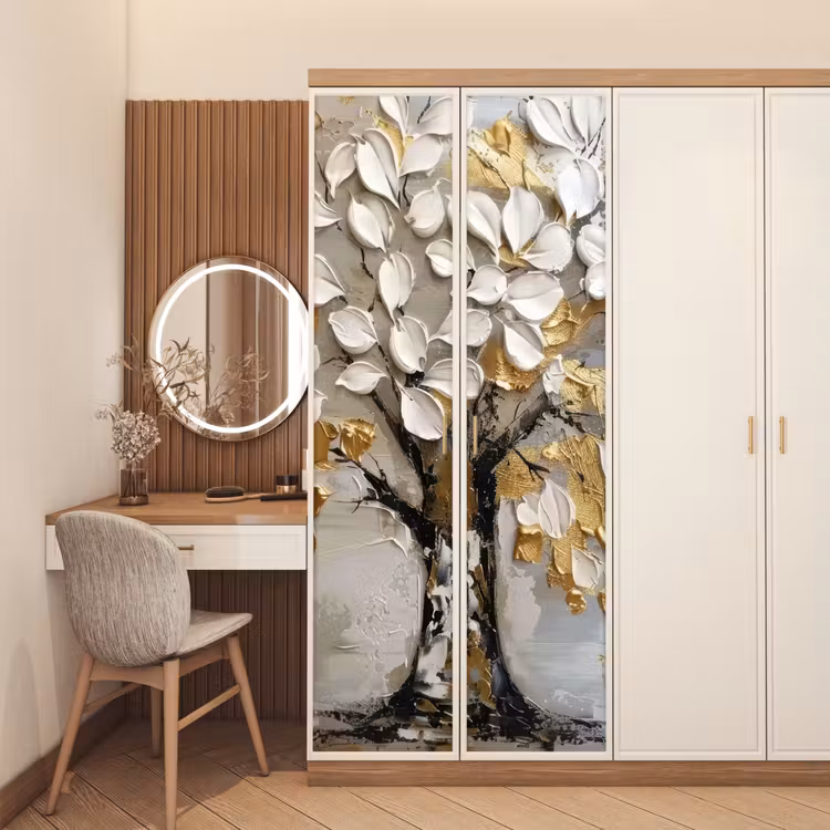 Deursticker - Boom - Beige - Grijs - Goud - Abstract — 5