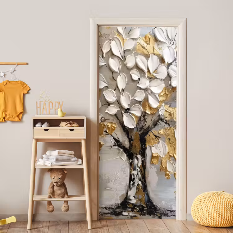 Deursticker - Boom - Beige - Grijs - Goud - Abstract — 6