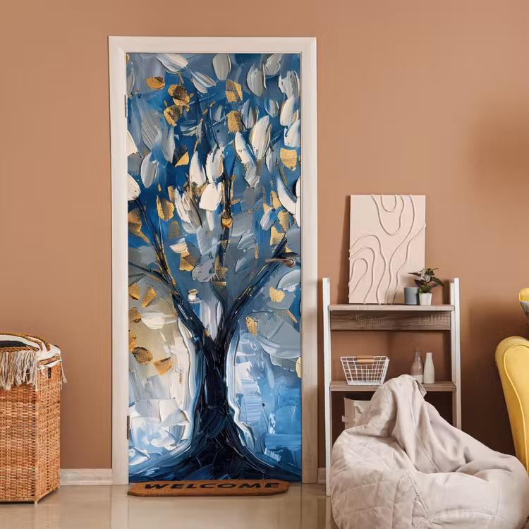 Deursticker - Boom - Blauw - Goud - Abstract — 2