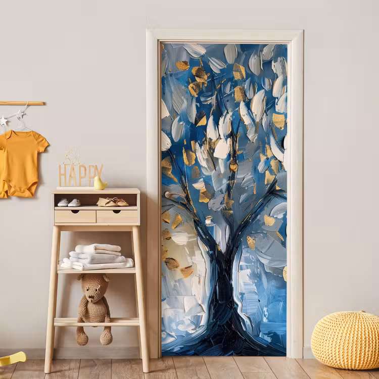 Deursticker - Boom - Blauw - Goud - Abstract — 6