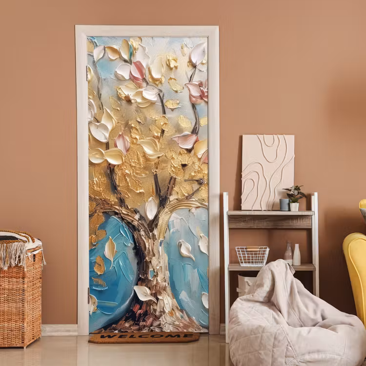 Deursticker - Boom - Blauw - Goud - Abstract - Modern — 2