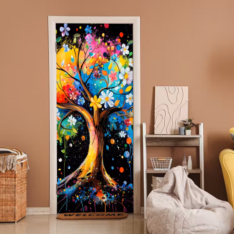Deursticker - Boom - Kleurrijk - Bloemen - Zwart — 2