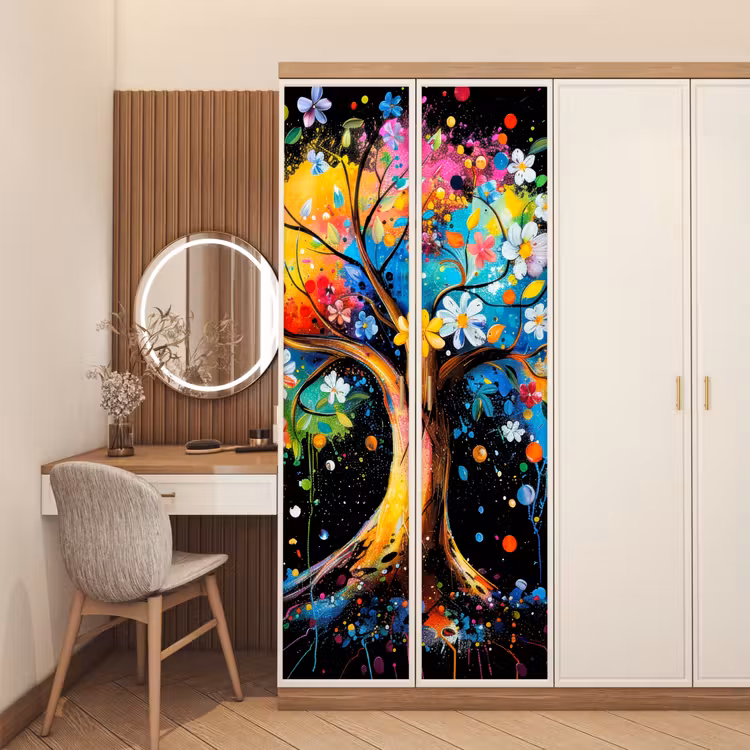 Deursticker - Boom - Kleurrijk - Bloemen - Zwart — 5