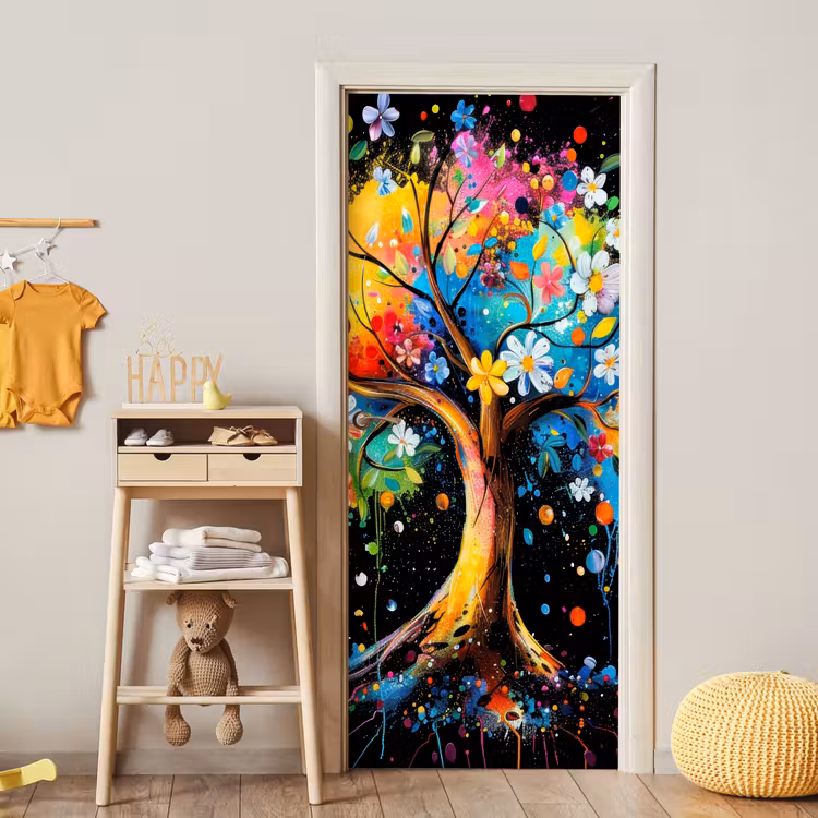 Deursticker - Boom - Kleurrijk - Bloemen - Zwart — 6