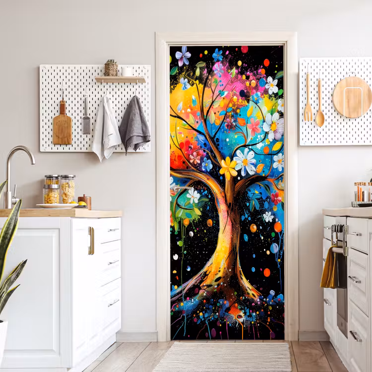 Deursticker - Boom - Kleurrijk - Bloemen - Zwart — 7