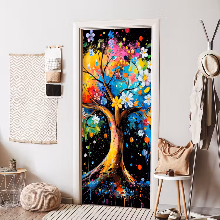Deursticker - Boom - Kleurrijk - Bloemen - Zwart — 8