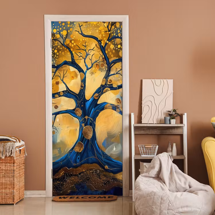 Deursticker - Boom - Levensboom - Blauw - Goud — 2