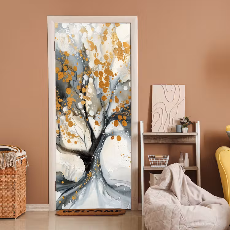 Deursticker - Boom - Modern - Abstract - Goud - Zwart - Wit — 2