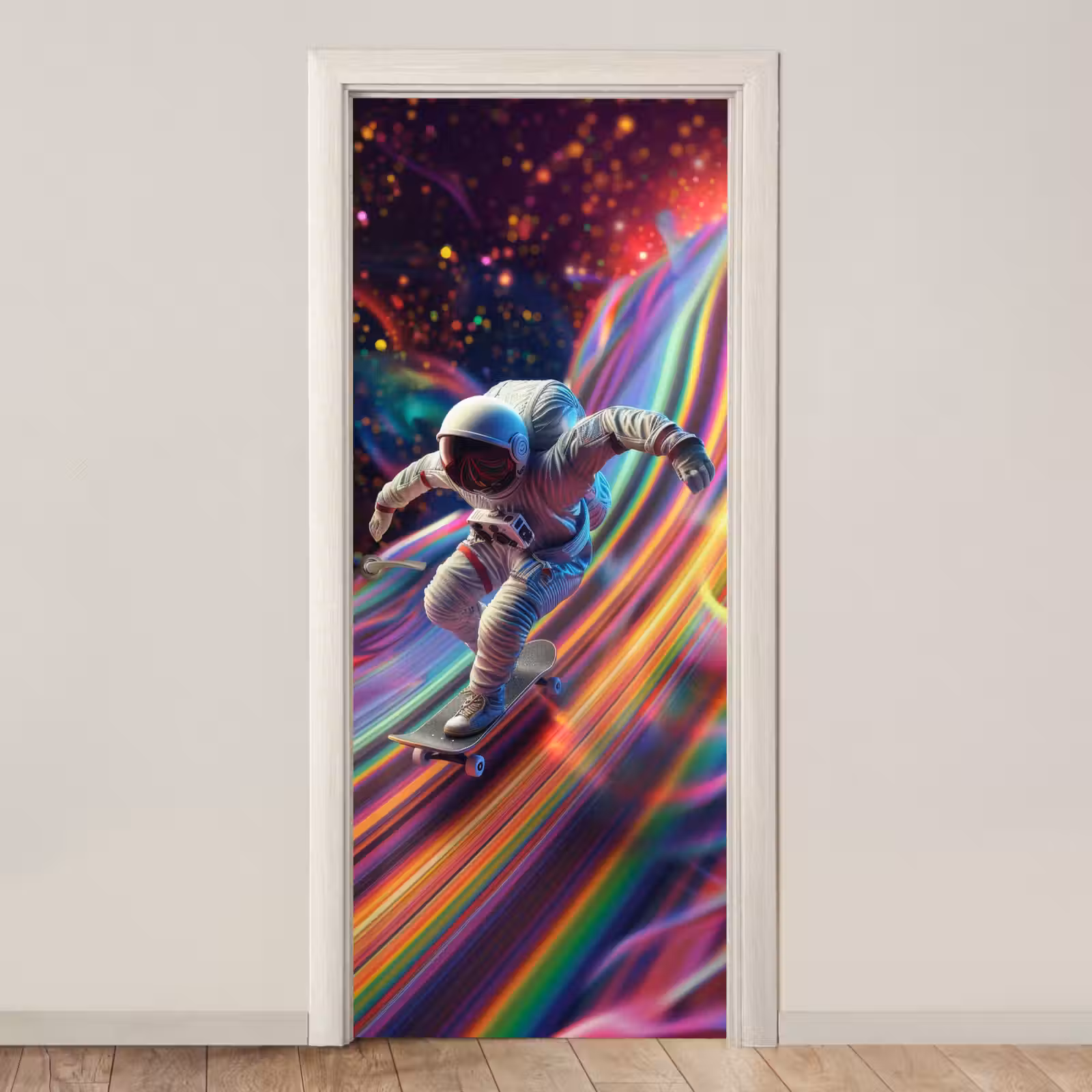 Deursticker - Astronaut - Ruimte - Skateboard - Kleurrijk — 1