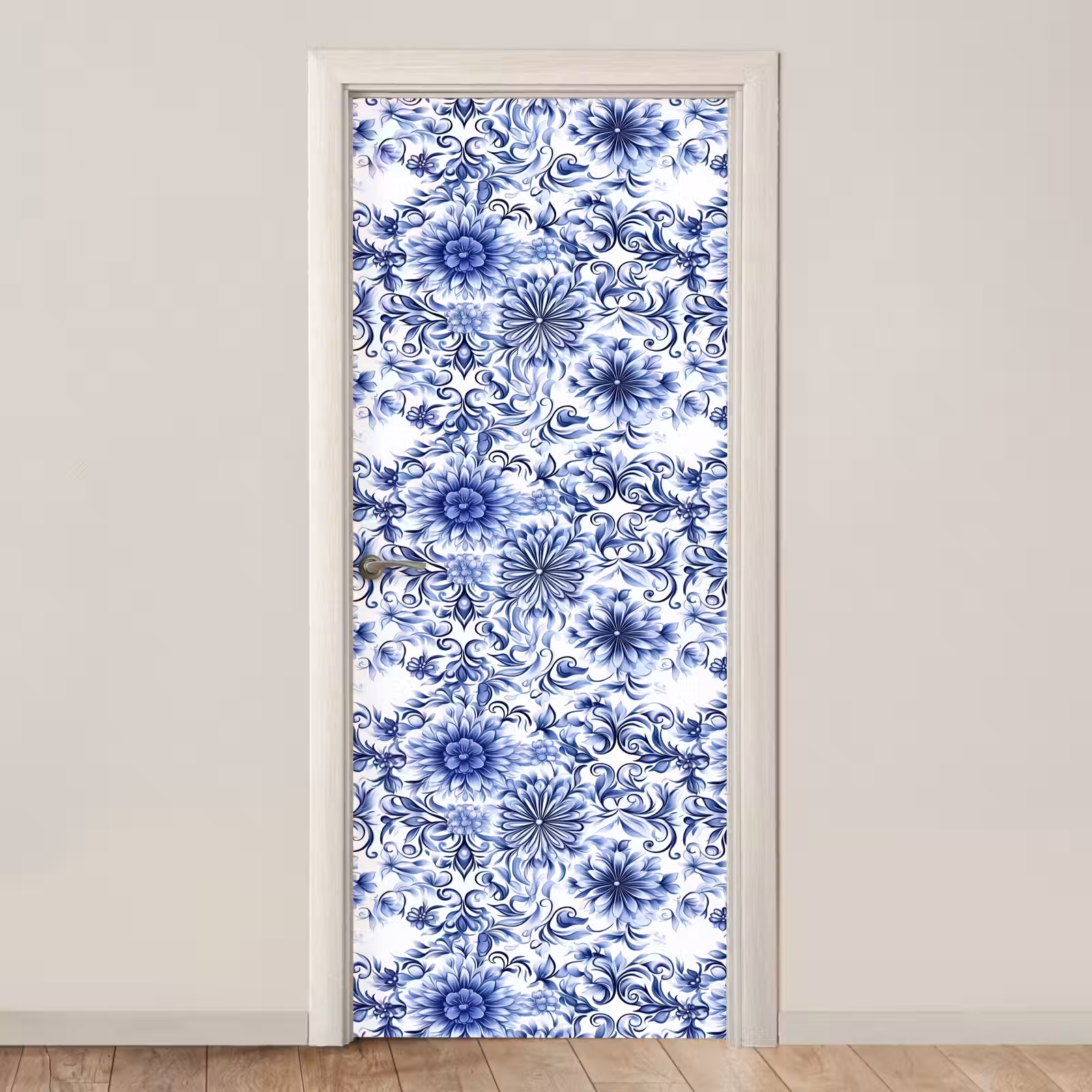 Deursticker - Bloemen - Blauw - Patroon - Wit — 1