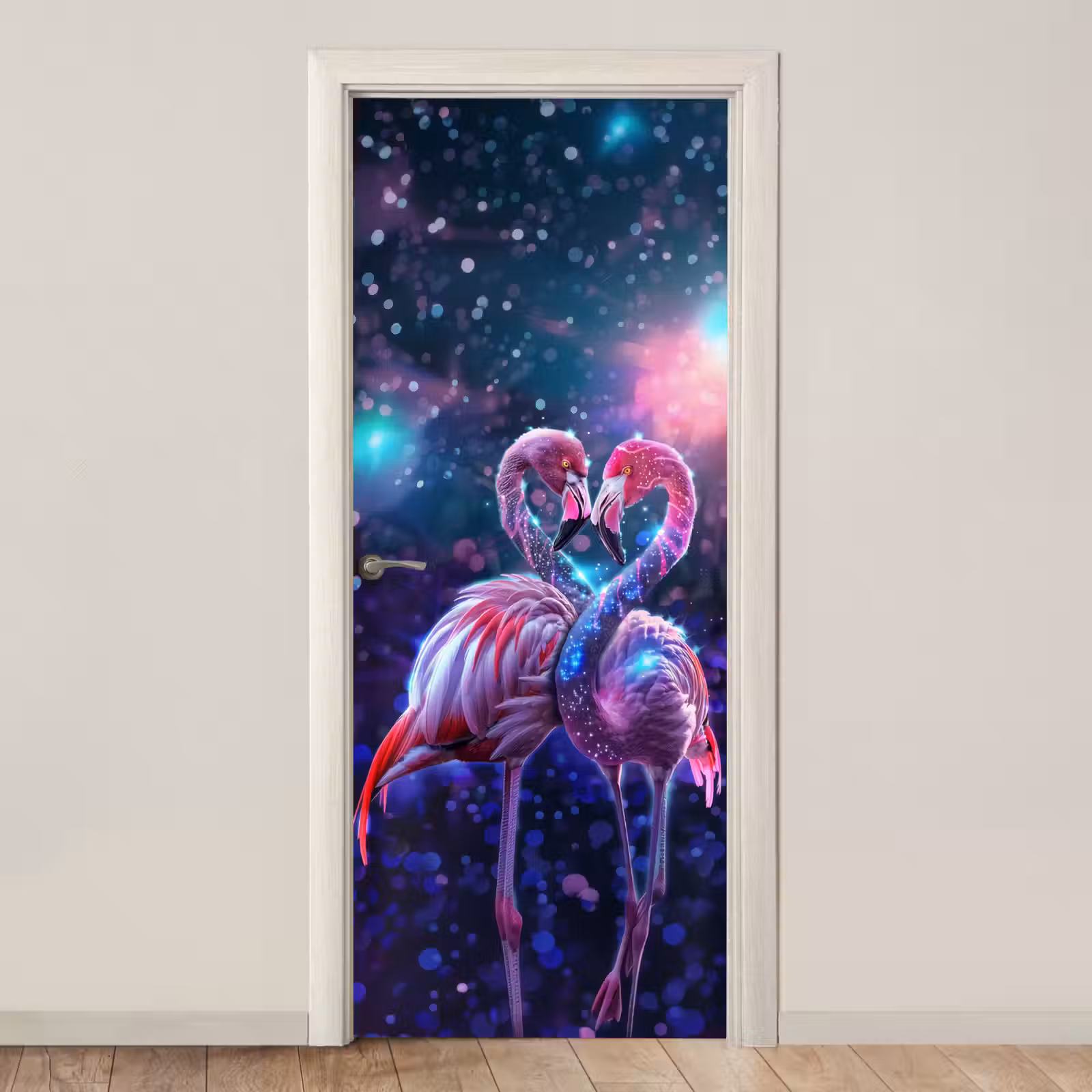Deursticker - Flamingo's - Dieren - Ruimte - Galaxy — 1