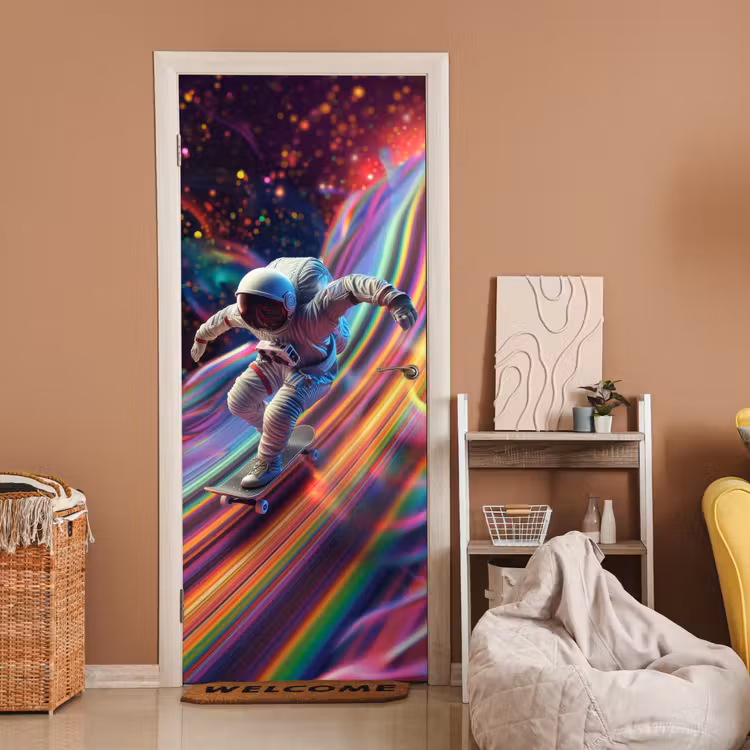 Deursticker - Astronaut - Ruimte - Skateboard - Kleurrijk — 2