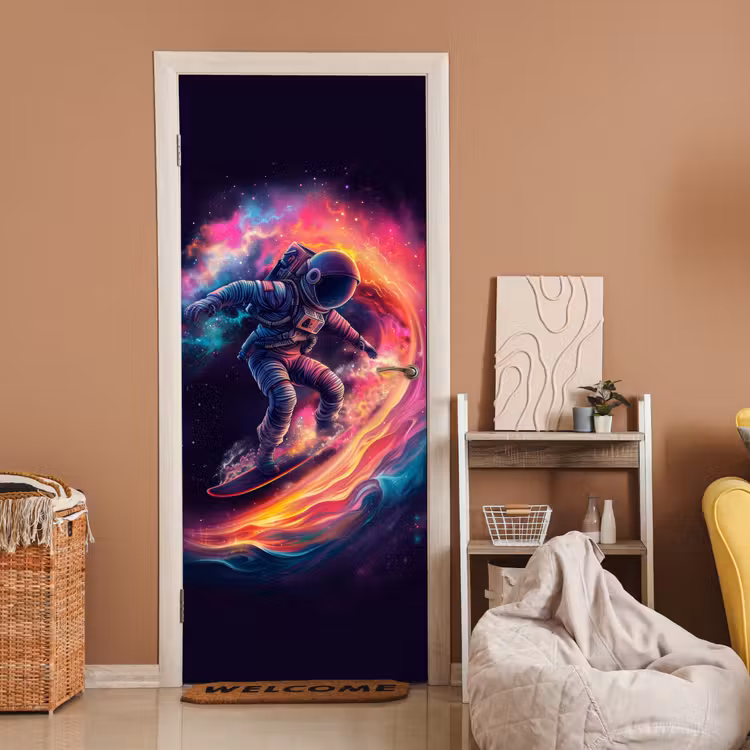 Deursticker - Astronaut - Ruimte - Surfen - Kleurrijk — 2