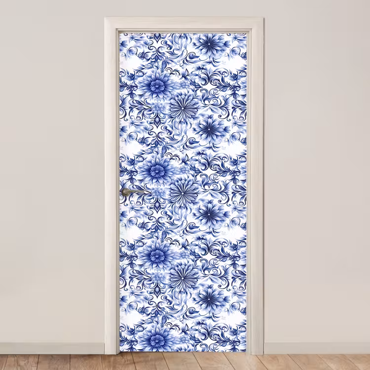 Deursticker - Bloemen - Blauw - Patroon - Wit — 1