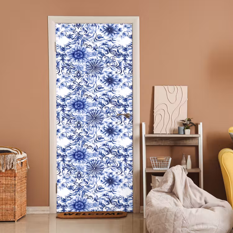 Deursticker - Bloemen - Blauw - Patroon - Wit — 2