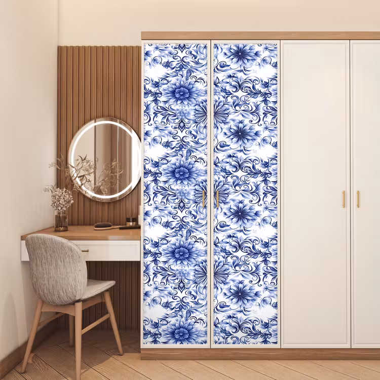 Deursticker - Bloemen - Blauw - Patroon - Wit — 5