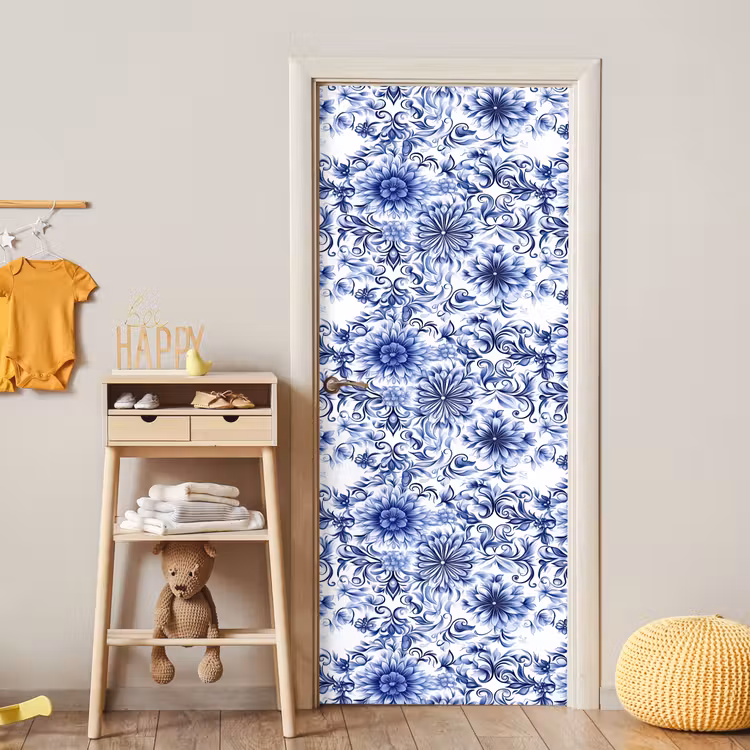 Deursticker - Bloemen - Blauw - Patroon - Wit — 6