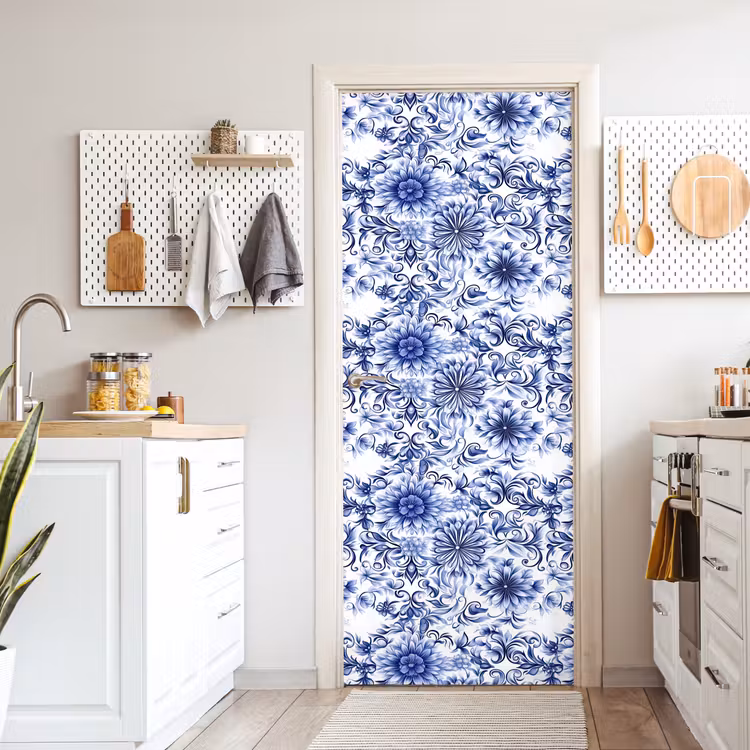 Deursticker - Bloemen - Blauw - Patroon - Wit — 7