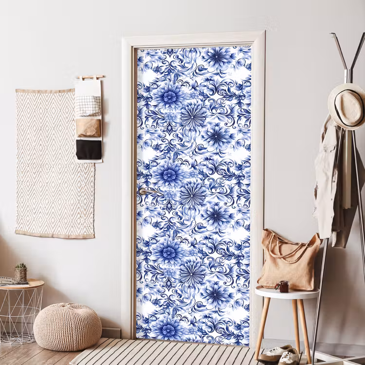 Deursticker - Bloemen - Blauw - Patroon - Wit — 8