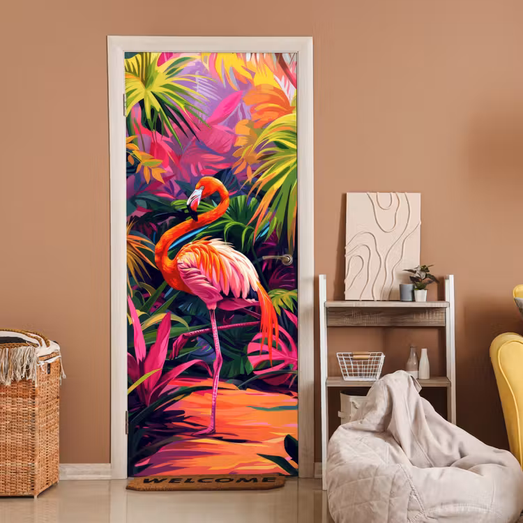 Deursticker - Flamingo - Tropisch - Dier - Bladeren — 2