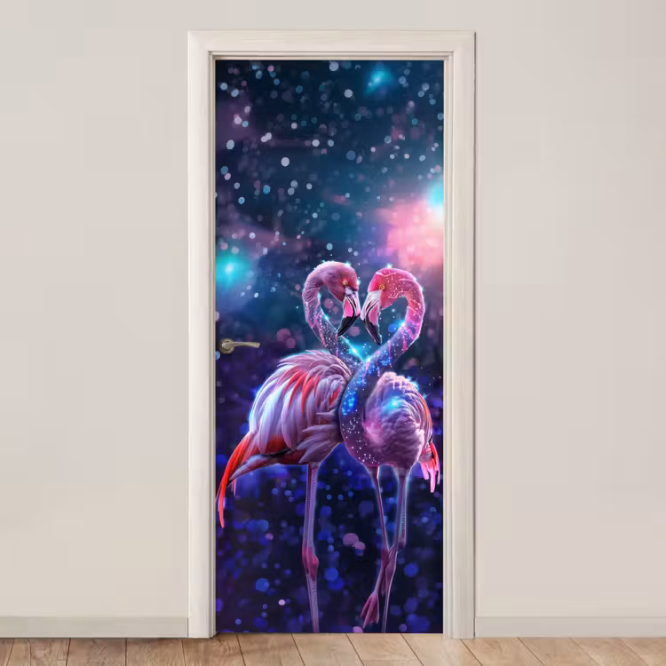 Deursticker - Flamingo's - Dieren - Ruimte - Galaxy — 1