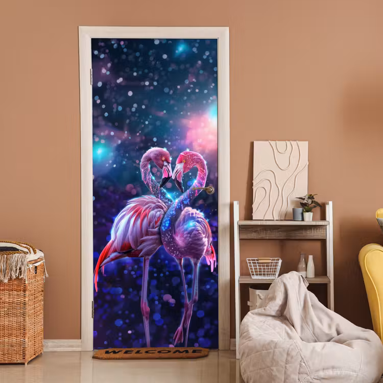 Deursticker - Flamingo's - Dieren - Ruimte - Galaxy — 2