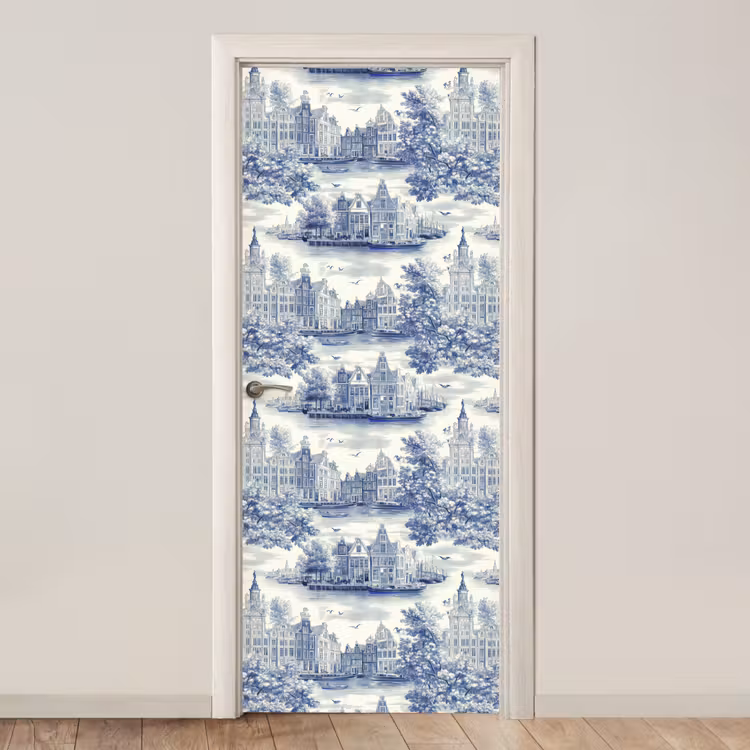 Deursticker - Huizen - Bomen - Water - Vogels - Blauw — 1