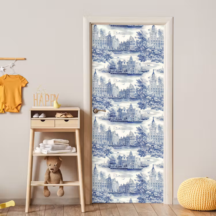 Deursticker - Huizen - Bomen - Water - Vogels - Blauw — 6