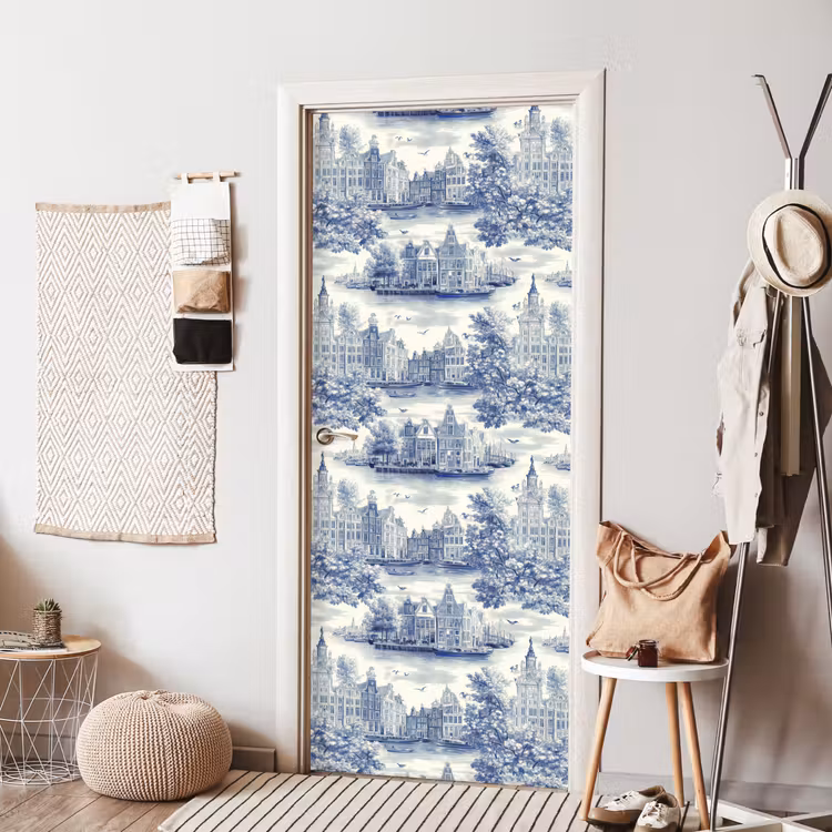 Deursticker - Huizen - Bomen - Water - Vogels - Blauw — 8