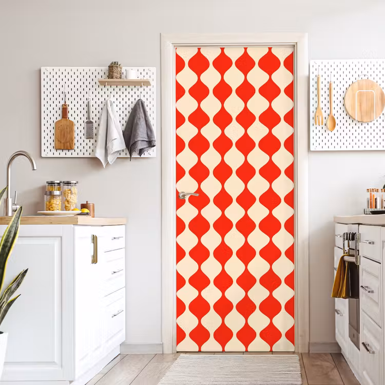 Deursticker - Golvend patroon - Retro - Rood - Beige — 7
