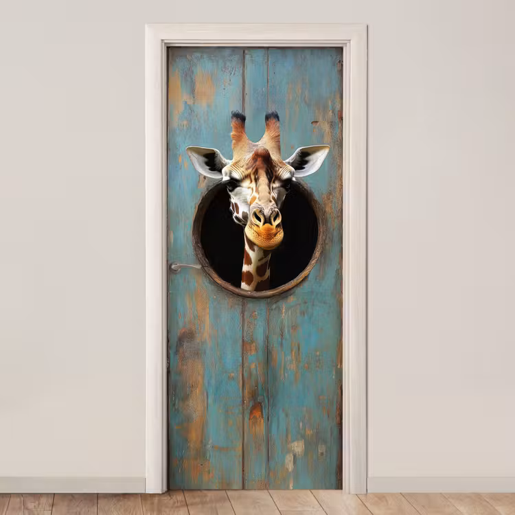 Deursticker - Giraf - Hout - Doorkijk - Dieren - Kop — 1