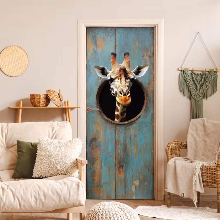 Deursticker - Giraf - Hout - Doorkijk - Dieren - Kop — 4