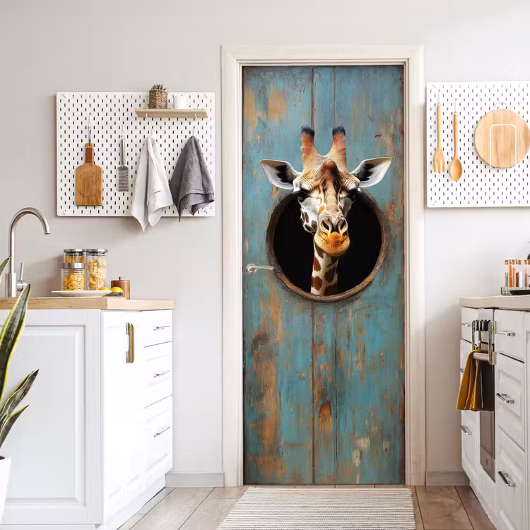 Deursticker - Giraf - Hout - Doorkijk - Dieren - Kop — 7