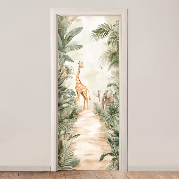 Deursticker - Jungle - Giraf - Olifant - Groen - Natuur — 1