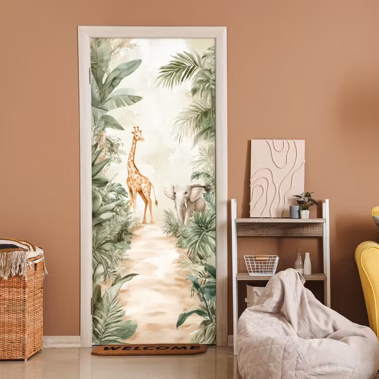 Deursticker - Jungle - Giraf - Olifant - Groen - Natuur — 2