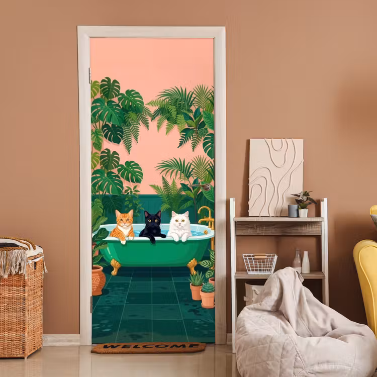 Deursticker - Badkamer - Kattenparade - Kleurrijk — 2