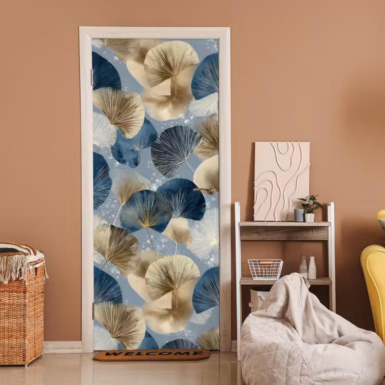 Deursticker - Bladeren - Abstract - Goud - Blauw — 2